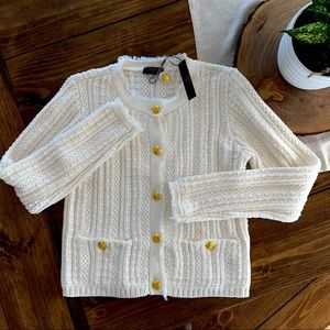 Tahari White Cardigan Sweater Gold Buttons Fringe